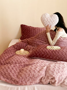 玫瑰花海懒兔毛绒加厚保暖四件套牛奶绒被套法兰绒床单法莱绒床笠