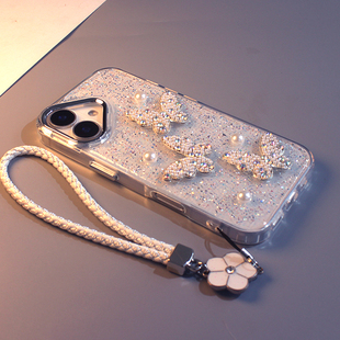 16plus硅胶防摔15pro保护套17pm女款 11立体简约闪粉珍珠三蝴蝶16pro新款 适用苹果16手机壳iPhone15