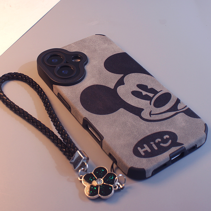 灰黑躲猫猫开心米奇米妮适用苹果16/15promax手机壳新款iPhone14情侣13皮质卡通11/12/xr/plus全包防摔17软壳