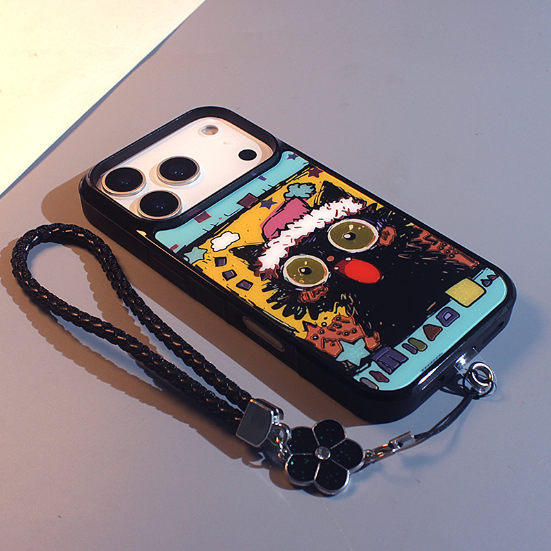 黑框蓝底草莓猫咪适用于苹果16手机壳iPhone17promax新款15可爱14亚克力磨砂硅胶1卡通多巴胺16pro防摔保护套