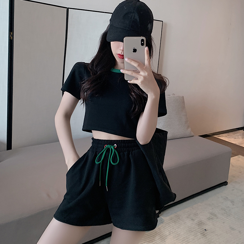 小众夏季新款修身短款上衣短袖t恤短裤休闲运动服高级感套装女潮