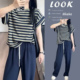 新款 两件套宽松显瘦时尚 休闲运动套装 T恤阔腿裤 女条纹短袖 夏季