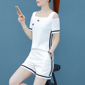 两件套大码 女装 夏季 时尚 休闲运动服套装 T恤短裤 新款 女 露肩短袖