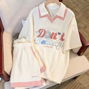 韩系多巴胺元气轻活风字母休闲套装女夏季两件套翻领短袖运动套装