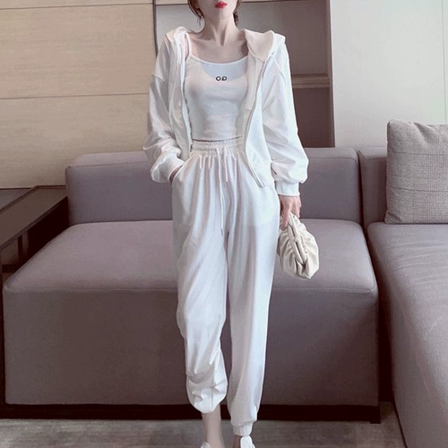 Спортивный костюм для отдыха, модная майка с капюшоном, толстовка с молнией, штаны, комплект, 3 предмета