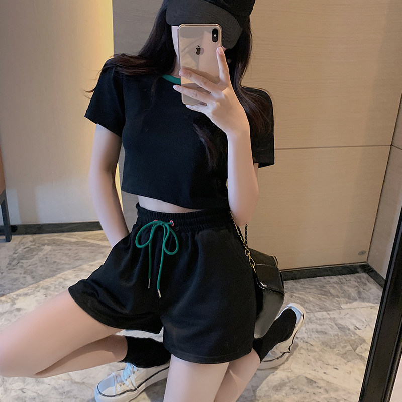 时尚短款两件套夏季新款高腰短款上衣短袖t恤+短裤休闲运动套装女