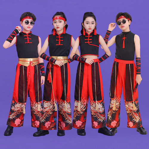元旦儿童爵士舞中国风国潮走秀服装男女童打鼓服武术街舞表演服装