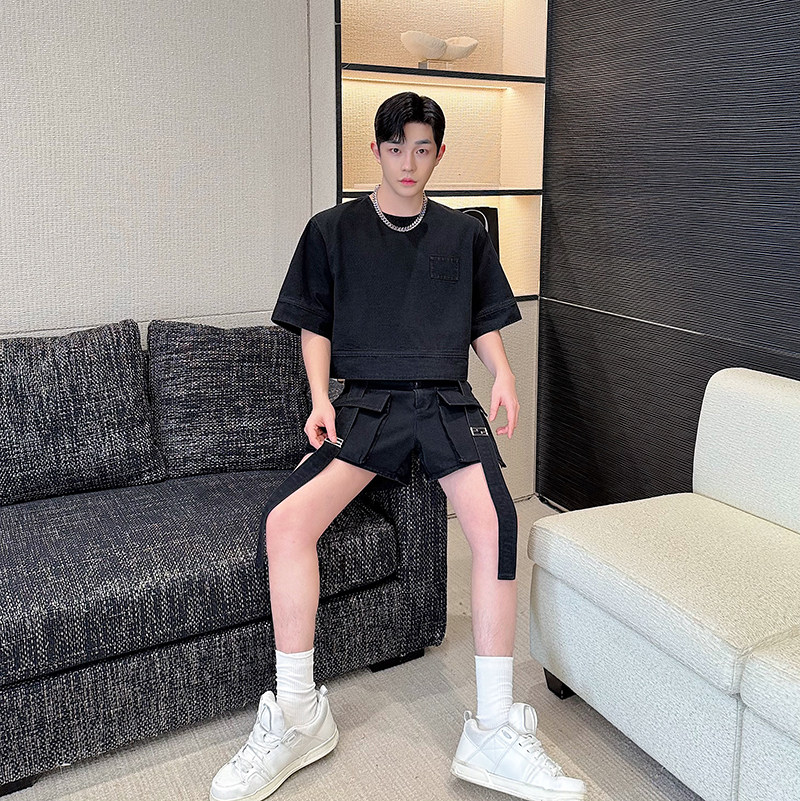 小众设计师复古美式短款上衣大口袋牛仔短裤套装两色2460P185,男装休闲套装,电商C212