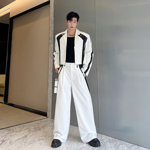 小众设计师漆皮黑白撞色西装阔腿裤套装 W2323 P215图片