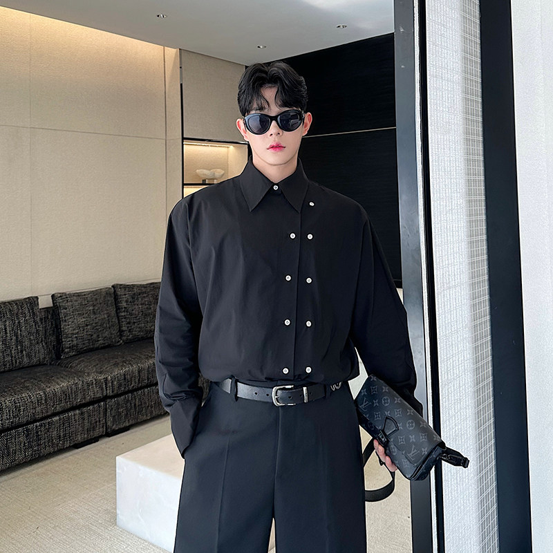 小众设计师斜门襟双排扣百搭休闲衬衫三色2535P80,男装衬衫,电商C212