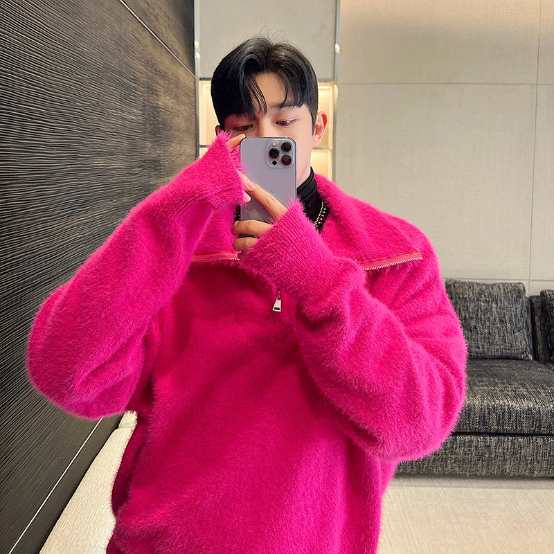 原创韩版个性立领拉链仿貂毛慵懒毛衣两色Y107P155，男装针织衫/毛衣，电商C212