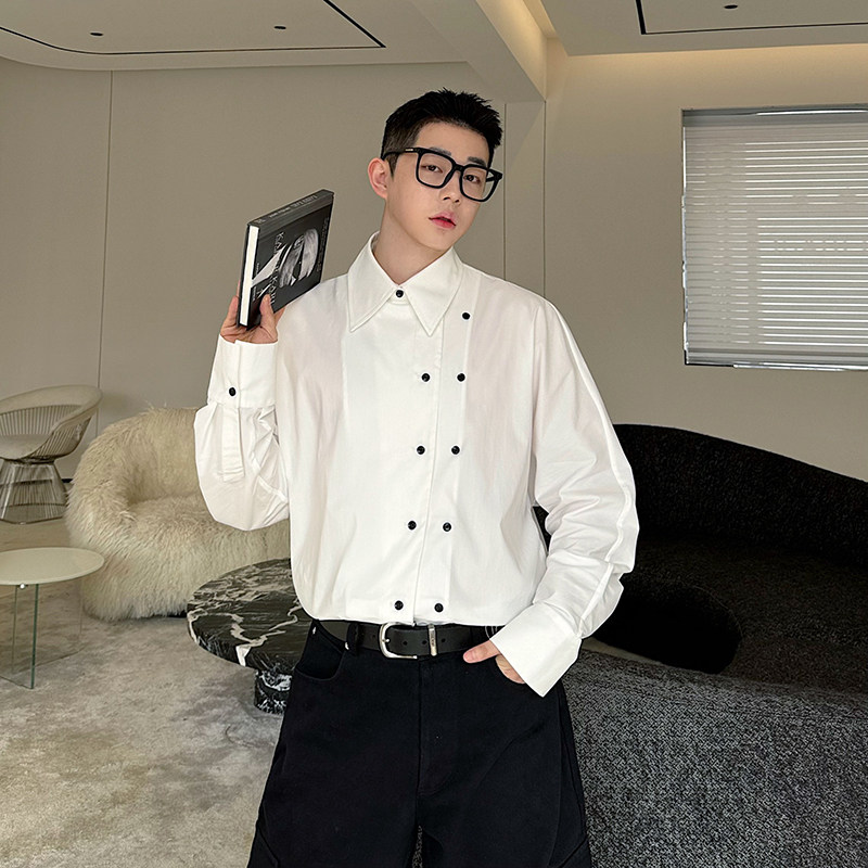 小众设计师斜门襟双排扣百搭休闲衬衫三色2535P80,男装衬衫,电商C212