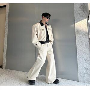 小众设计师撞色拼皮拉链大口袋短款休闲阔腿裤套装两色 2533 P245图片