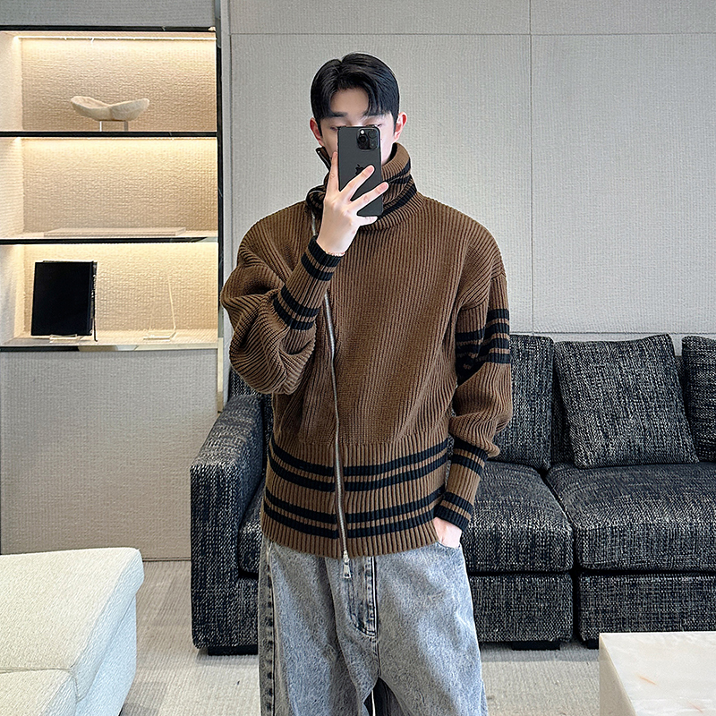 小众设计师撞色条纹斜拉链高领针织休闲毛衣五色 3700 P160，男装针织衫/毛衣，电商C212