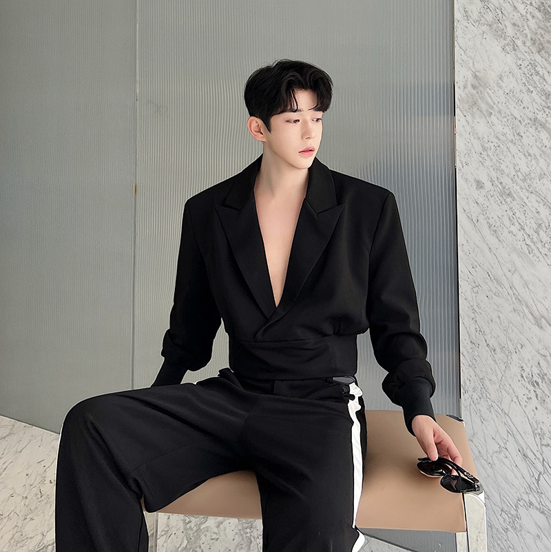 原创韩版小众压条短款夹克西装阔腿裤二件套装男女W2298P200,男装夹克,电商C212