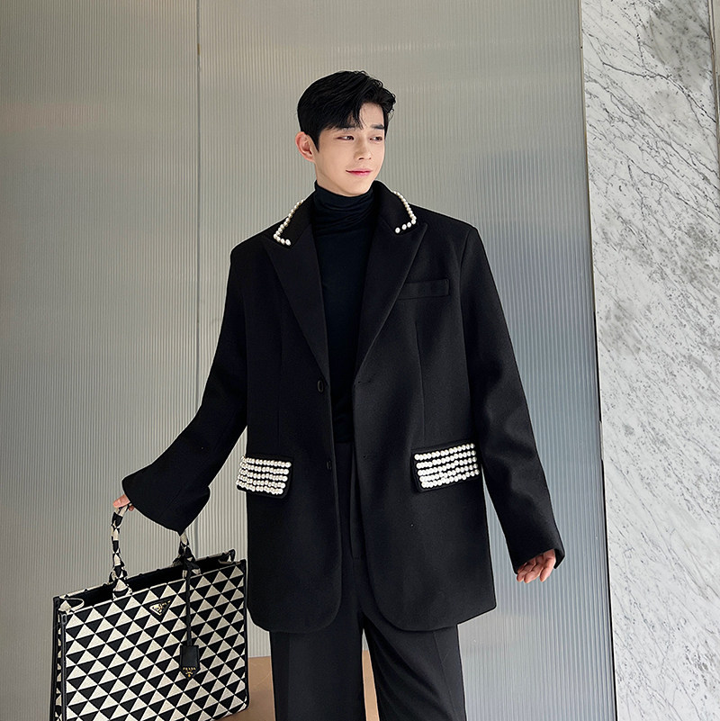 小众设计师镶珍珠呢料阔型西装外套W2367P155，男装西服套装，电商C212