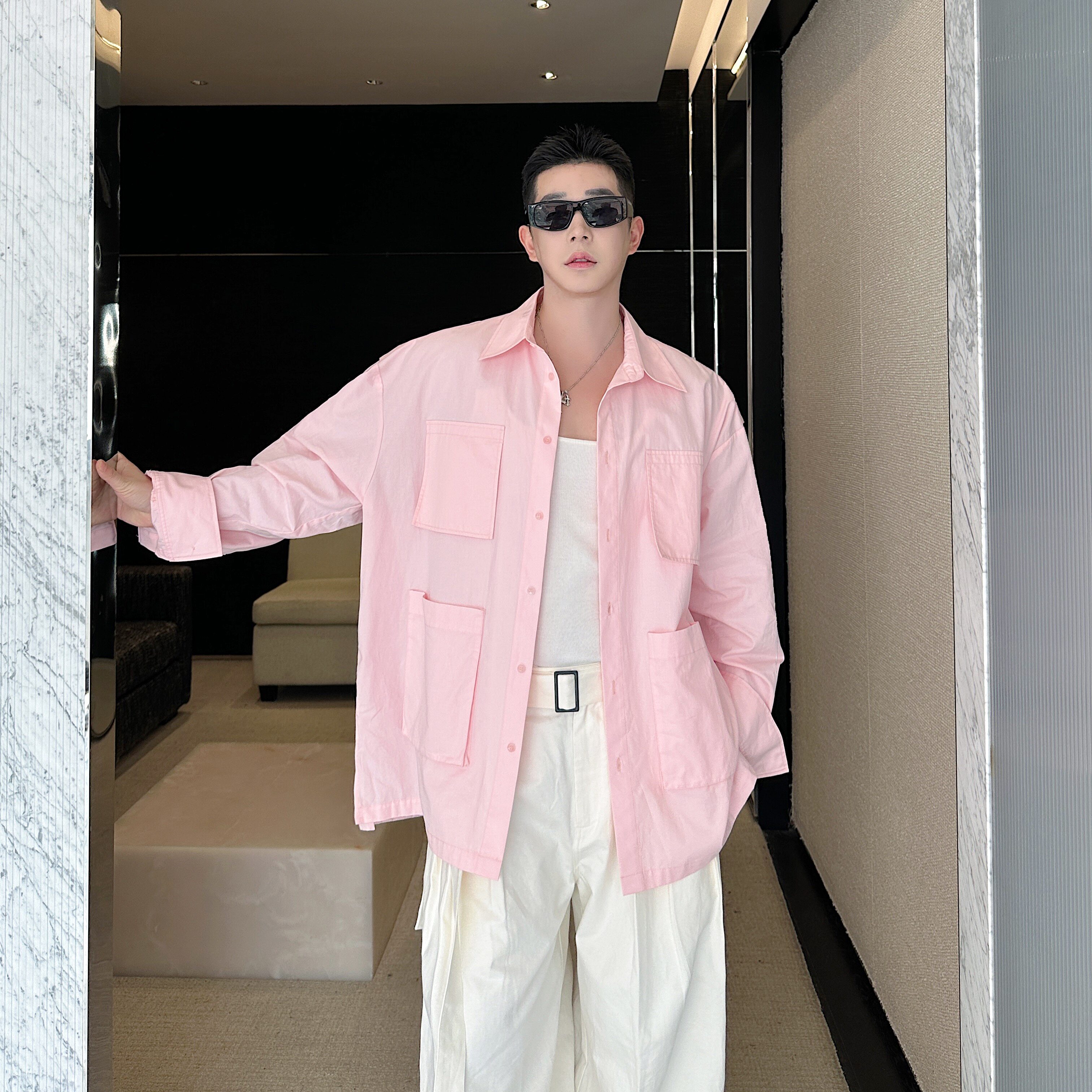 小众设计师百搭休宽松工装口袋衬衫外套两色C3552P105,男装衬衫,电商C212