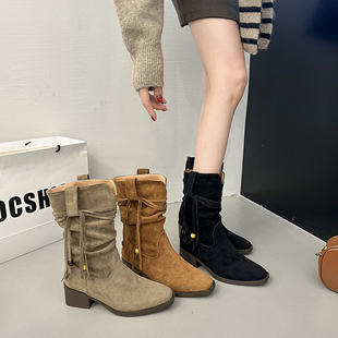 真皮短靴女2025秋冬新款 复古流苏女靴美拉德瘦腿堆堆女靴保暖单靴