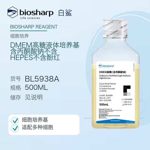 白鲨 BL5938A DMEM高糖液体培养基(含丙酮酸钠不含HEPES不含酚红)