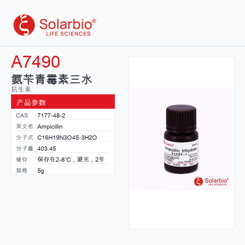 Solarbio 索莱宝 氨苄青霉素三水 A7490-5g USP Grade