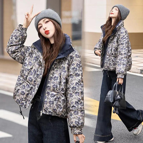 棉服女短款冬季新款时尚洋气小个子立领加厚保暖棉袄宽松印花棉衣