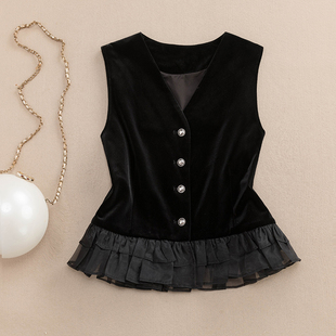 欧洲站小香风金丝绒马甲背心女2024春秋新款欧根纱拼接无袖上衣潮