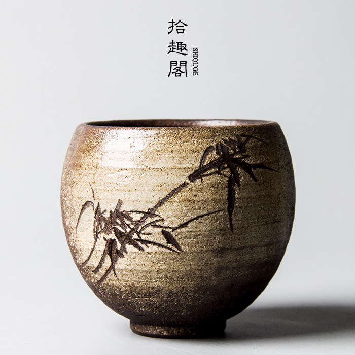 手工粗陶品茗杯复古陶瓷茶杯大号