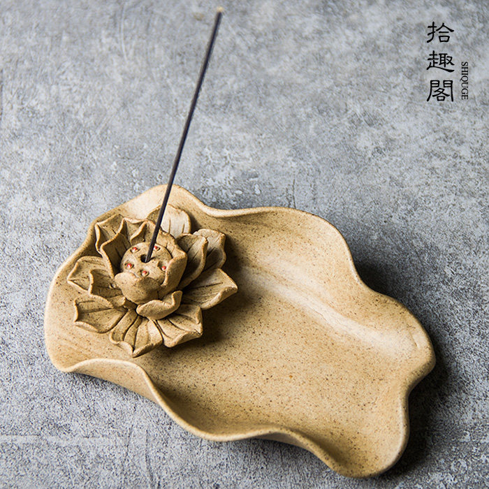 创意陶瓷荷花香插 粗陶莲花香盘茶道摆件线香炉手工香座居室香板