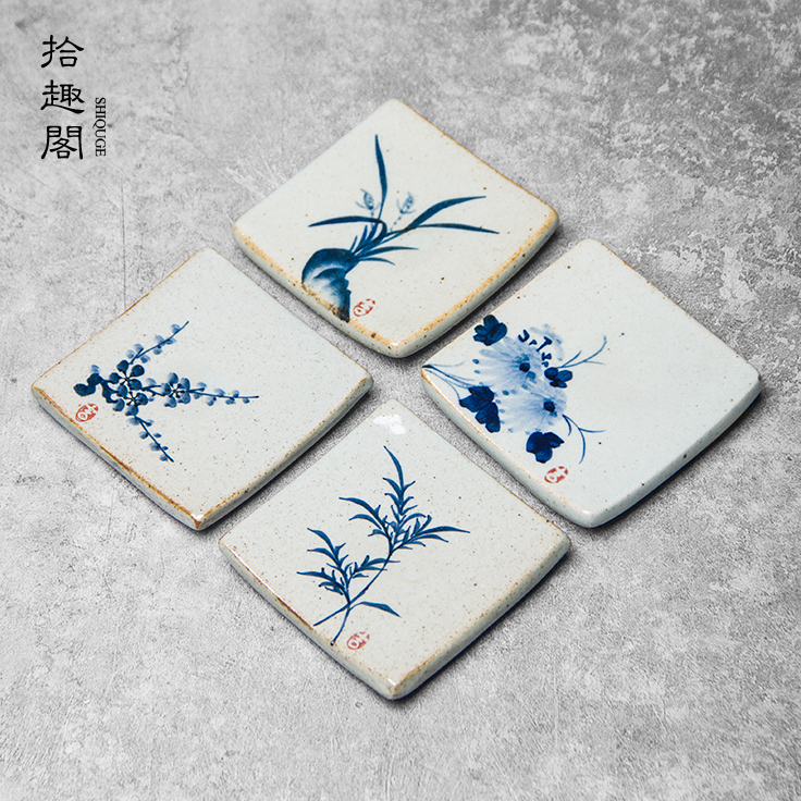 手绘陶瓷杯垫复古青花茶托功夫茶具手工茶垫禅意隔热垫杯托四君子