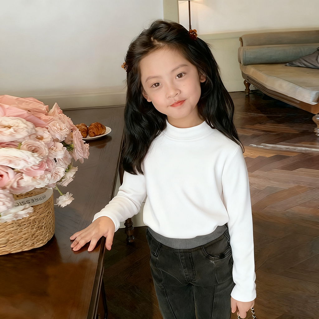 女童长袖t恤2025新款春秋半高领儿童黑白色打底衫小女孩德绒上衣