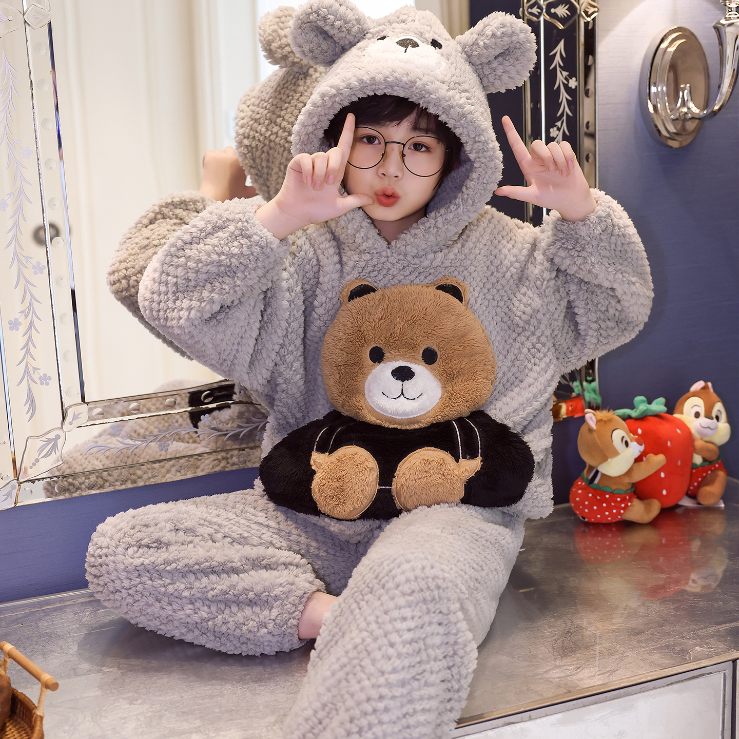 儿童珊瑚绒睡衣冬季男童加厚款法兰绒加绒家居服冬天男孩冬款套装