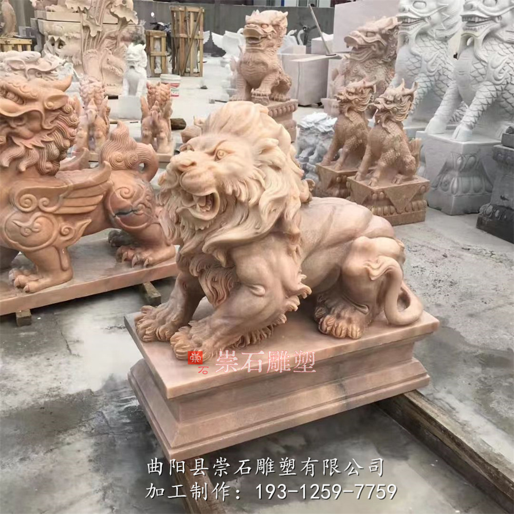石雕晚霞红狮子青石爬狮蹲狮酒店户外门口石头爬狮装饰动物摆件