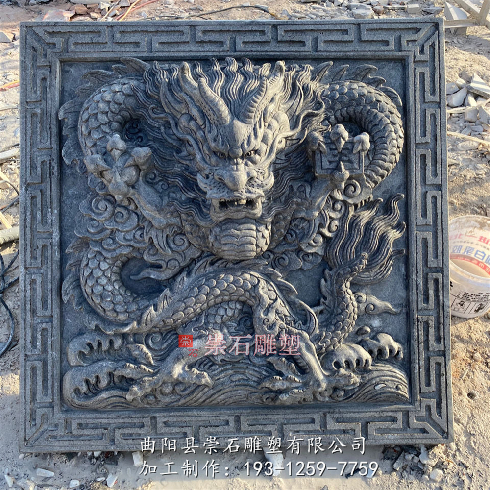 石雕青石九龙壁龙头浮雕背景屏风地雕墙雕流水喷水石材龙头景观