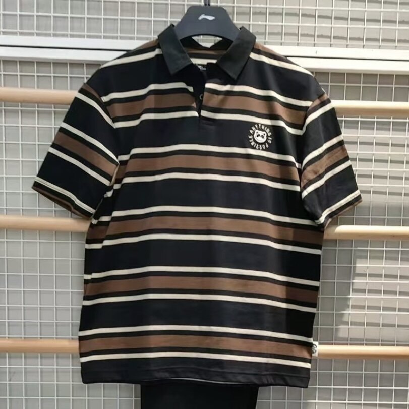 李宁正品运动潮流系列男子条纹潮流轻盈宽松短袖POLO衫APLU921
