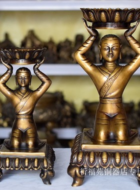 联系客服定制大量黄铜蜡台人物造型做旧铸造空心灯台酥油灯台底座