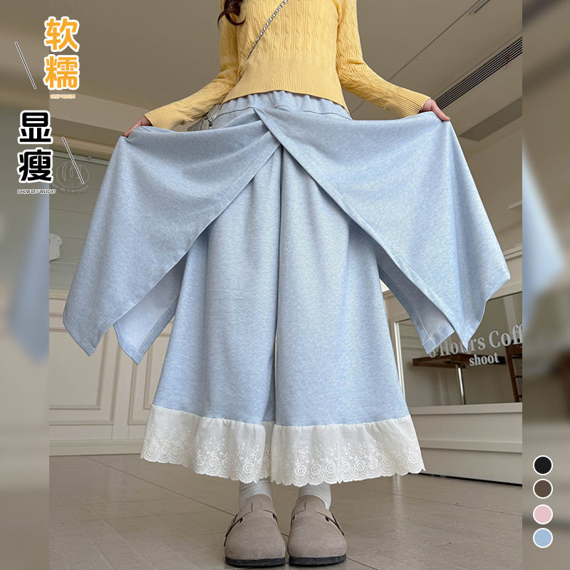 韩系蕾丝花边拼接裙裤女春季休闲假两件阔腿裤高腰垂感慵懒直筒裤