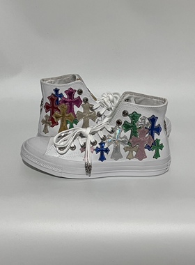 Remake客制十字架绣皮气眼扣白色皮面高帮鞋百搭舒适男女同款