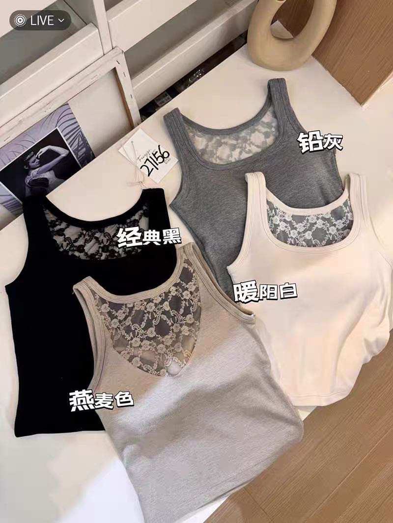 黑色蕾丝美背吊带背心女内搭春夏新款带胸垫运动美背纯棉上衣外穿