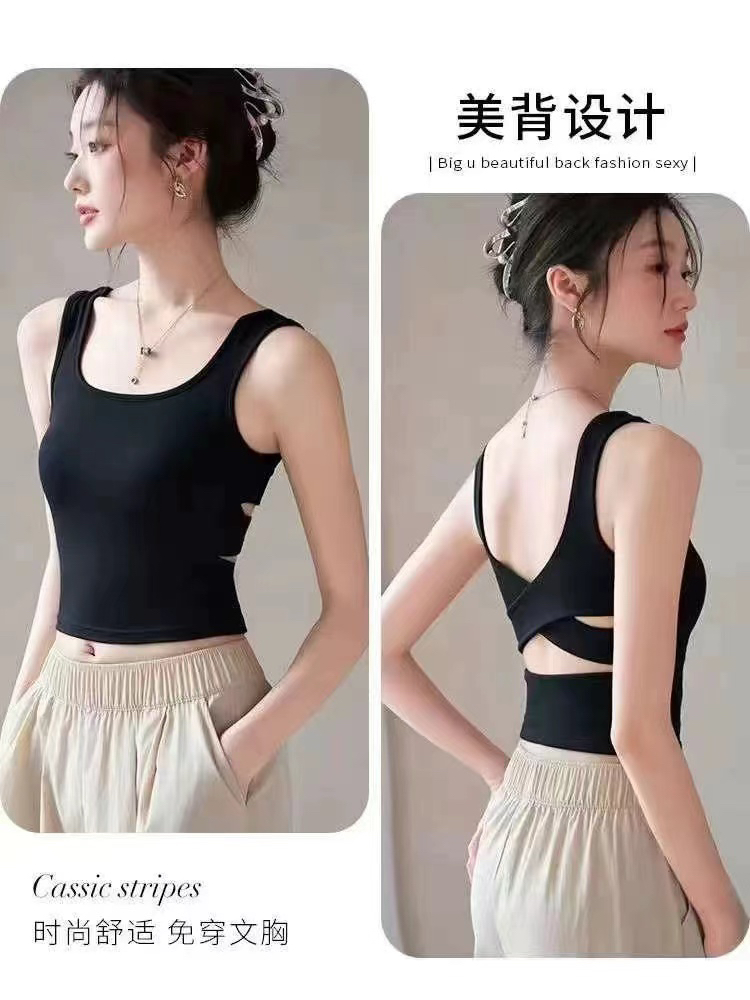 秋冬磨毛新款U领镂空美背吊带