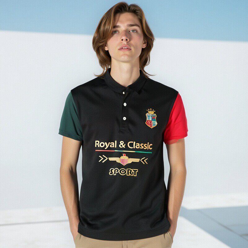 TS男士珠地网眼低圆领短袖POLO衫复古风字母拼接透气舒适潮男穿搭