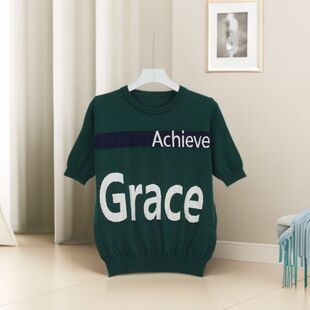 上衣41577 短袖 2026春秋新款 女墨绿色字母印花显瘦百搭针织衫