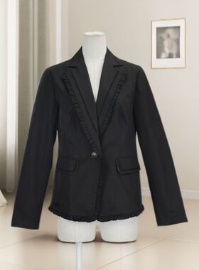 春秋新款女纯色荷叶花边领设计长袖运动外套修身遮肉显瘦40794