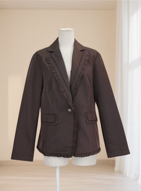 春秋爆款女复古纯色西装领花边单排扣设计西装外套修身遮肉43422