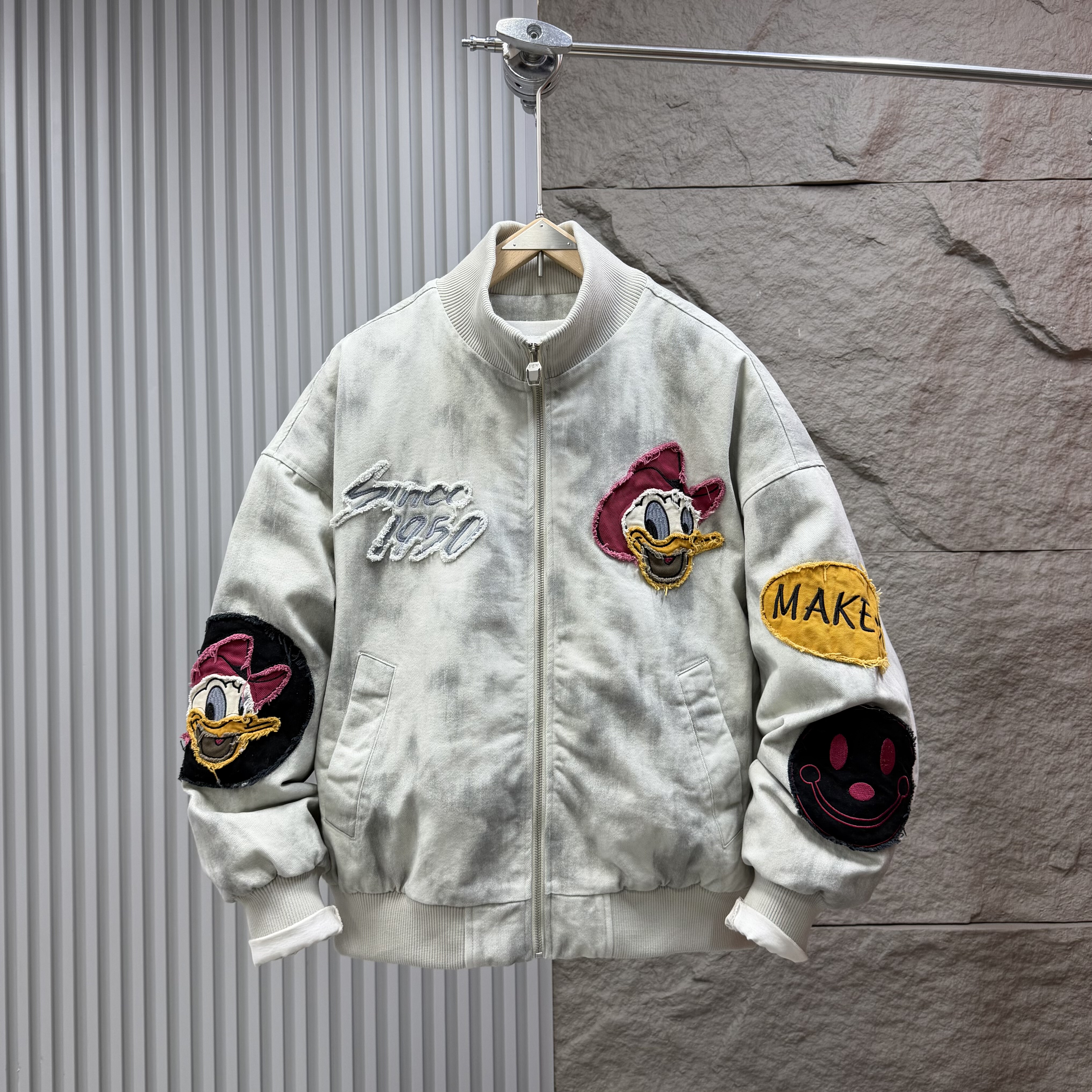 冬季新款潮牌卡通漫改短宽立领水洗贴布刺绣牛仔棉衣男女百搭外套