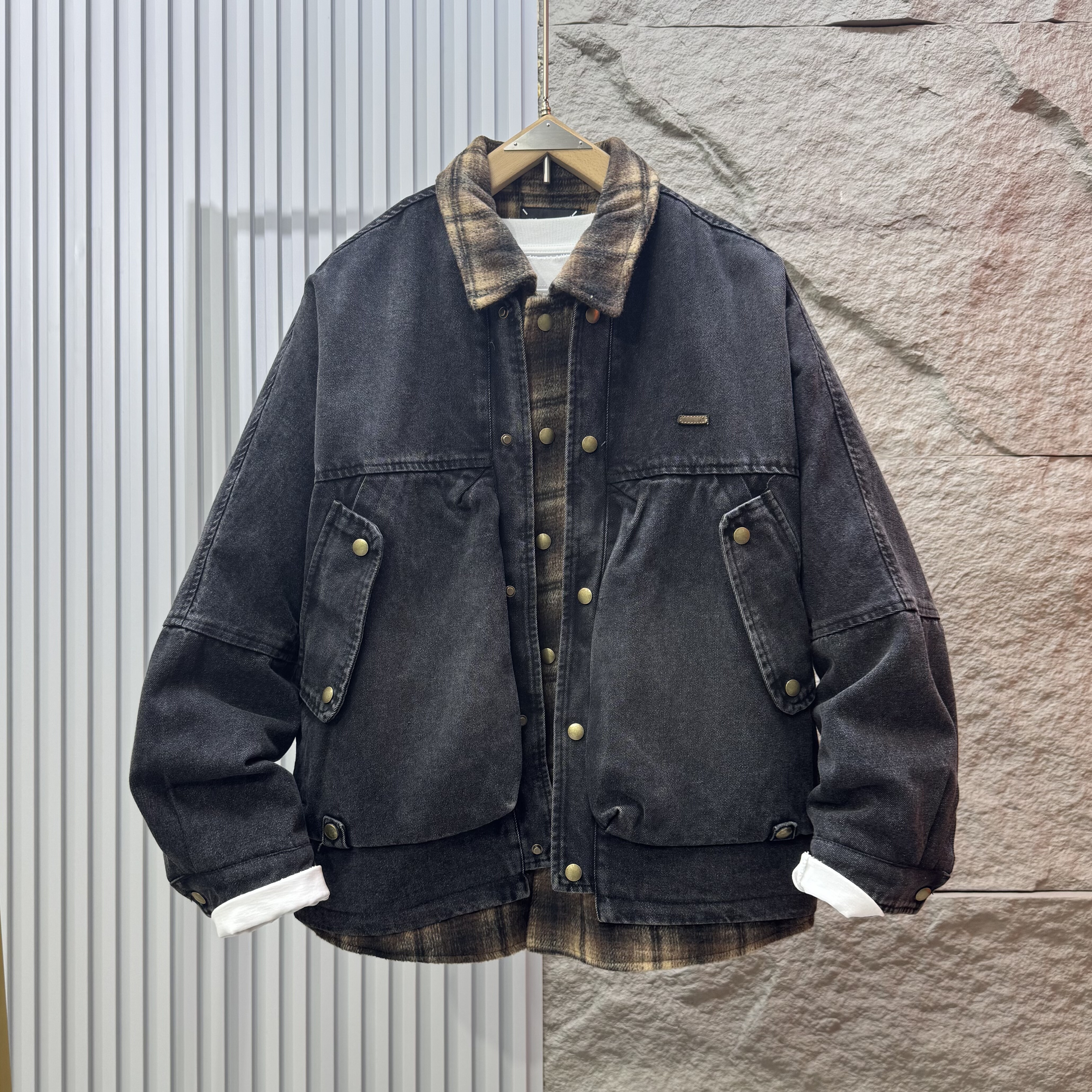 冬季男士翻领牛仔设计款假两件宽松加厚白鸭绒外套潮牌百搭羽绒服