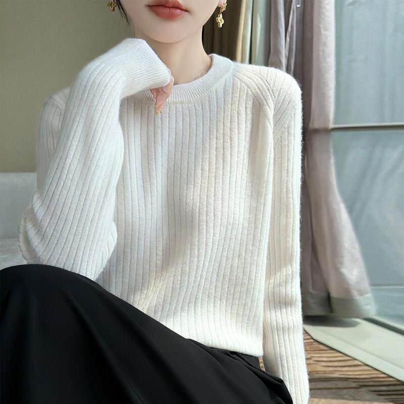 26年秋冬新款圆领毛衣女100纯羊毛针织衫纯色百搭打底套头保暖