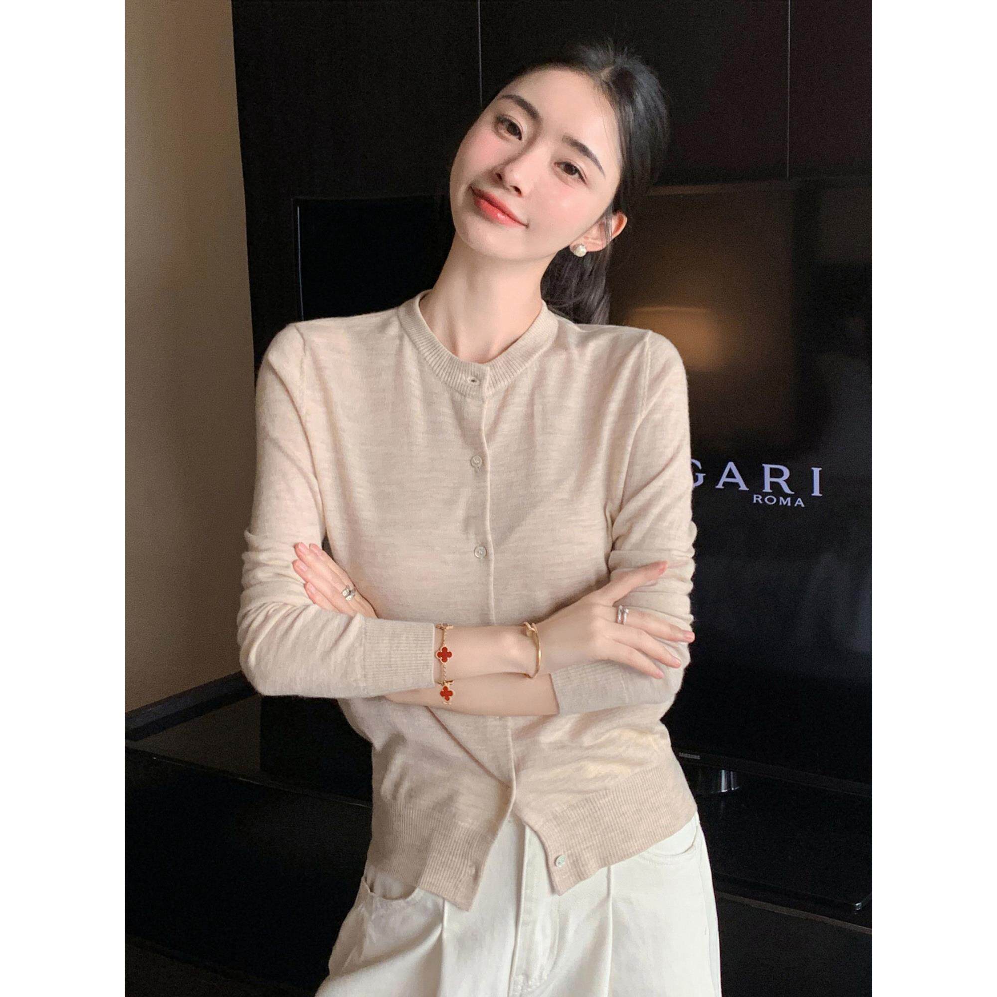 韩系早秋穿搭可机洗扬子纱精纺纯羊毛开衫女圆领薄款针织毛衣外套