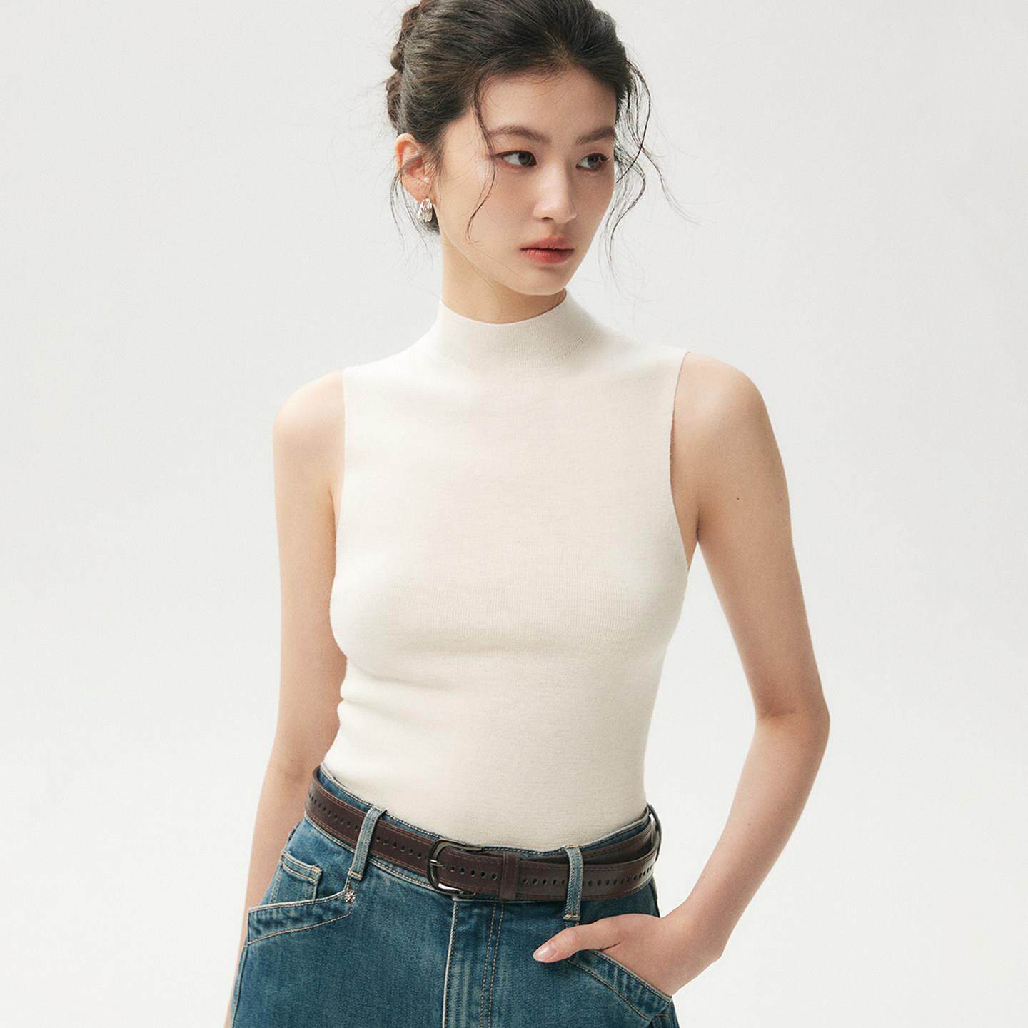 杨子纱100%纯羊毛背心女半高领打底衫上衣修身无袖毛衣薄款针织衫