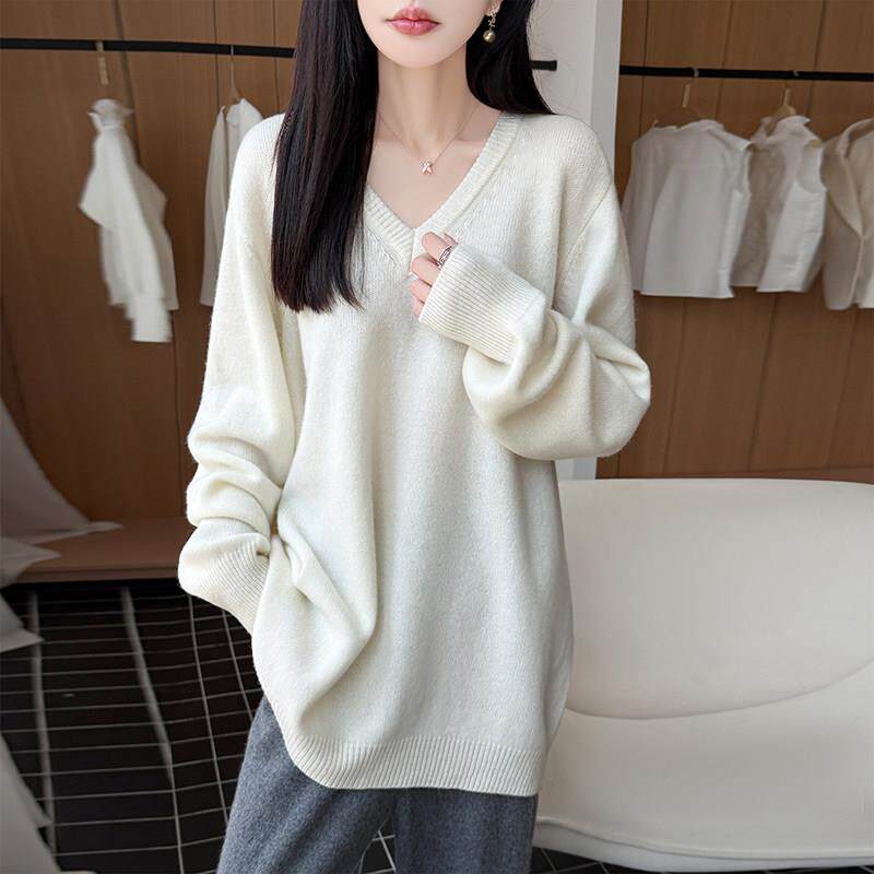 秋冬新款V领毛衣女100纯羊毛七针加厚针织衫中长款百搭宽松打底衣