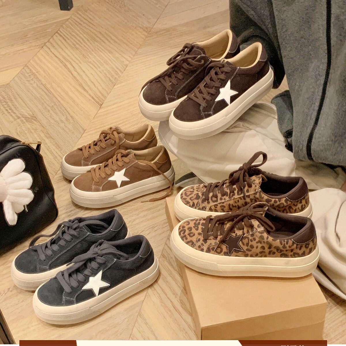 葡萄妈同款真皮5cm圆头做旧星星系带豹纹厚底加绒休闲板鞋女,女鞋,时尚休闲鞋,淘宝优惠券,粉丝福利购,淘宝优惠卷